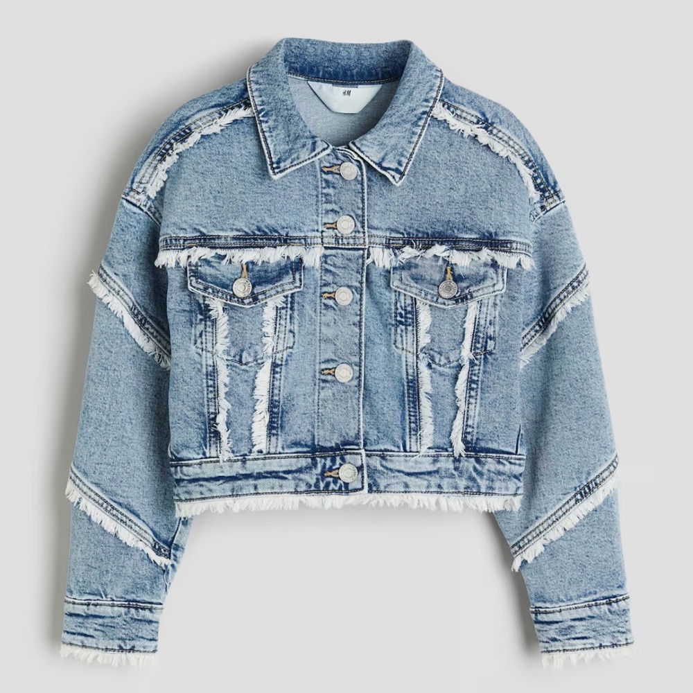 Pre-owned oversized frayed-edge denim jacket for girls denim blue/ Size: 8